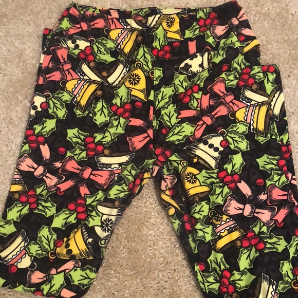 Lularoe one size leggings Christmas gifts bows bells black gold pink pants - Picture 4 of 7